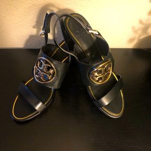 Tory Burch Black Wedges with Gold Detailing